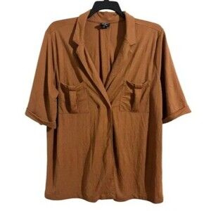 Crew Knitwear XL Brown Short Sleeve Button Front Blouse Top Pockets Collared
